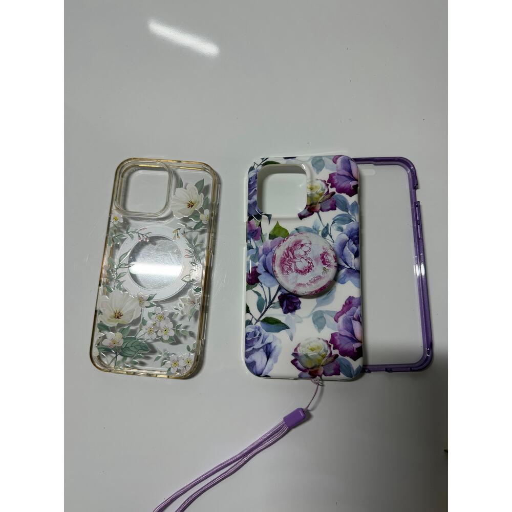 2 good used iPhone 14  pro max case, flower clear MagSafe purple screen adhesive